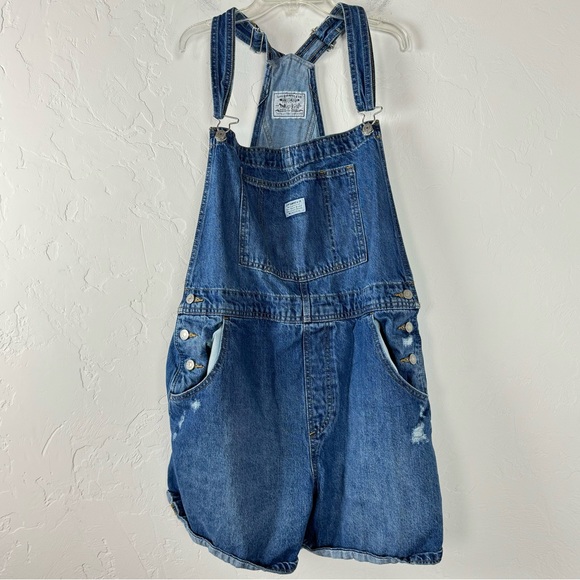 Levi's Vintage Shortalls Overalls Medium Wash Blue Solid Senior Day Button Sides